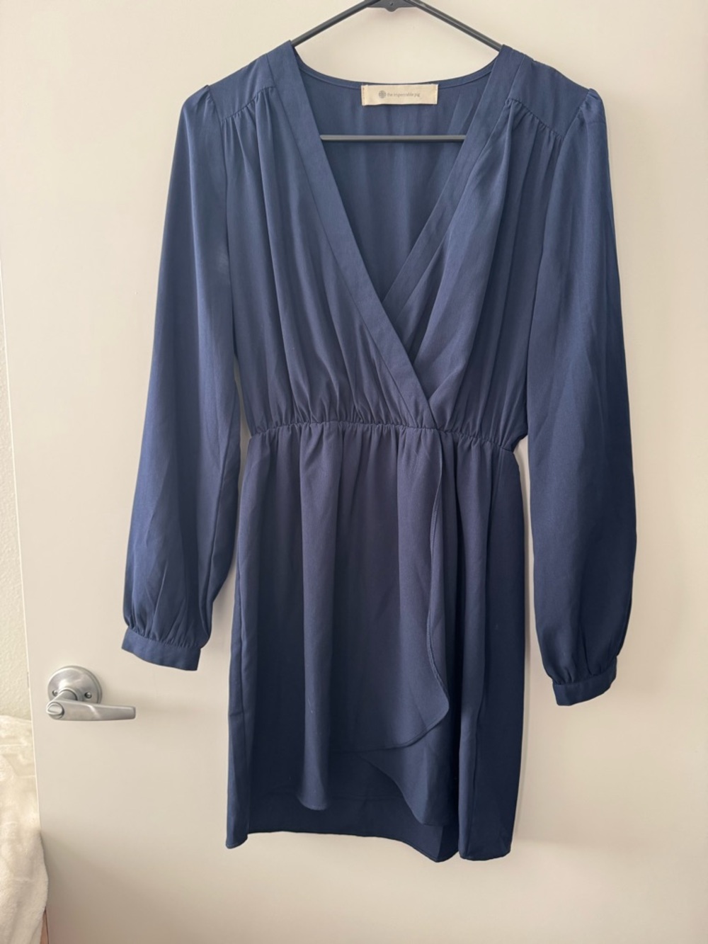 The Impeccable Pig Navy Blue Long Sleeve Wrap Mini Dress